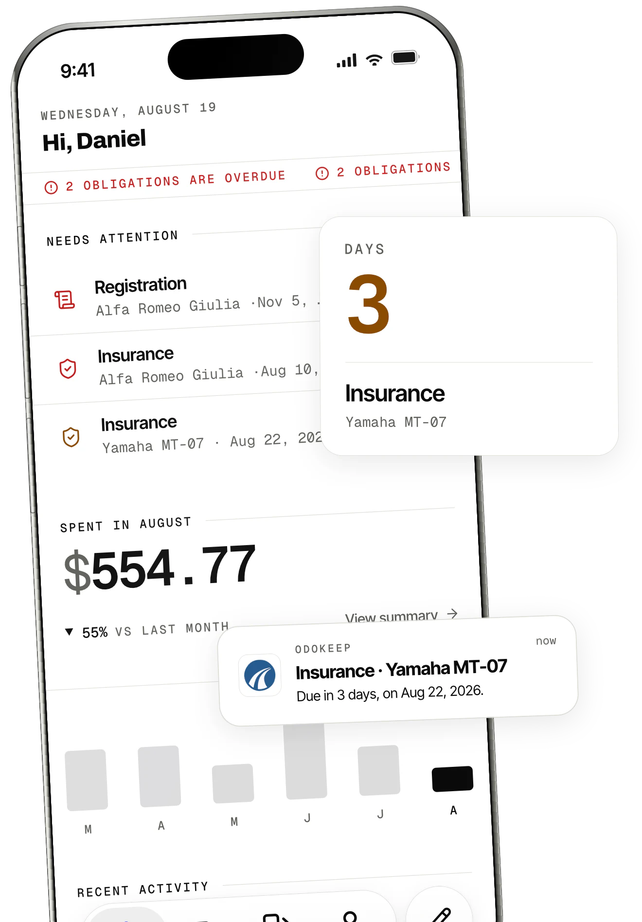 OdoKeep's home screen: obligations counting down, the reminder notification and a card saying the insurance falls due in 3 days.