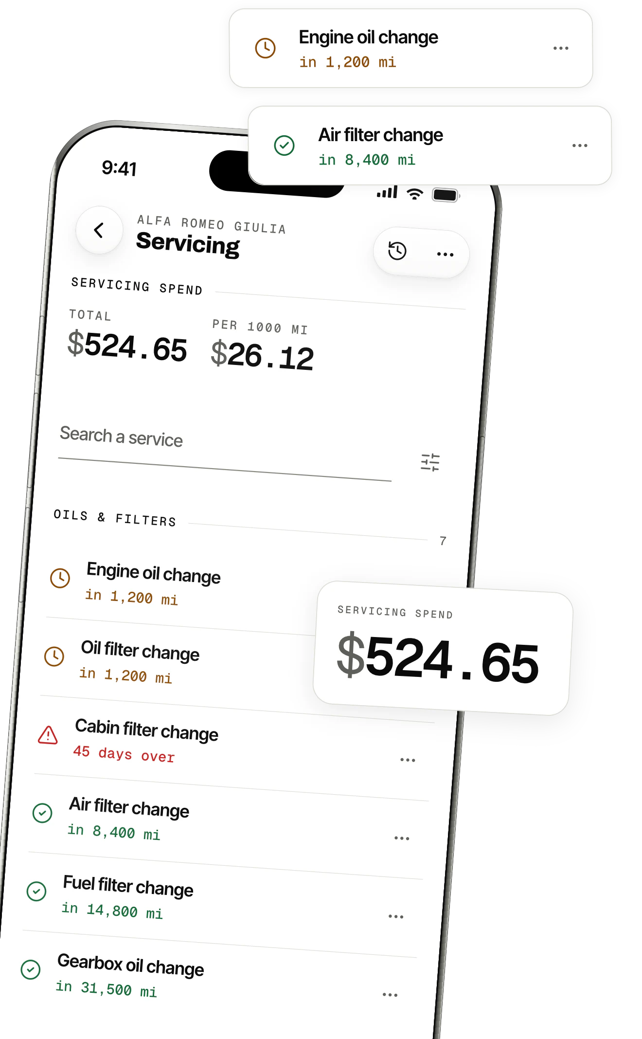 OdoKeep's maintenance screen: the plan for one vehicle, with the oil and filter due soon and the brake pads up to date.
